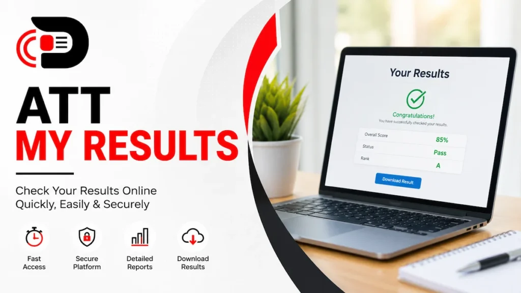 ATT My Results portal displayed on a laptop screen showing online test scores, performance reports, and secure result access with BeeZeeNews branding.