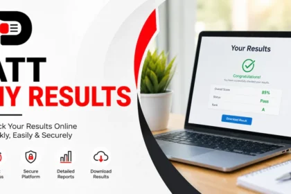 ATT My Results portal displayed on a laptop screen showing online test scores, performance reports, and secure result access with BeeZeeNews branding.