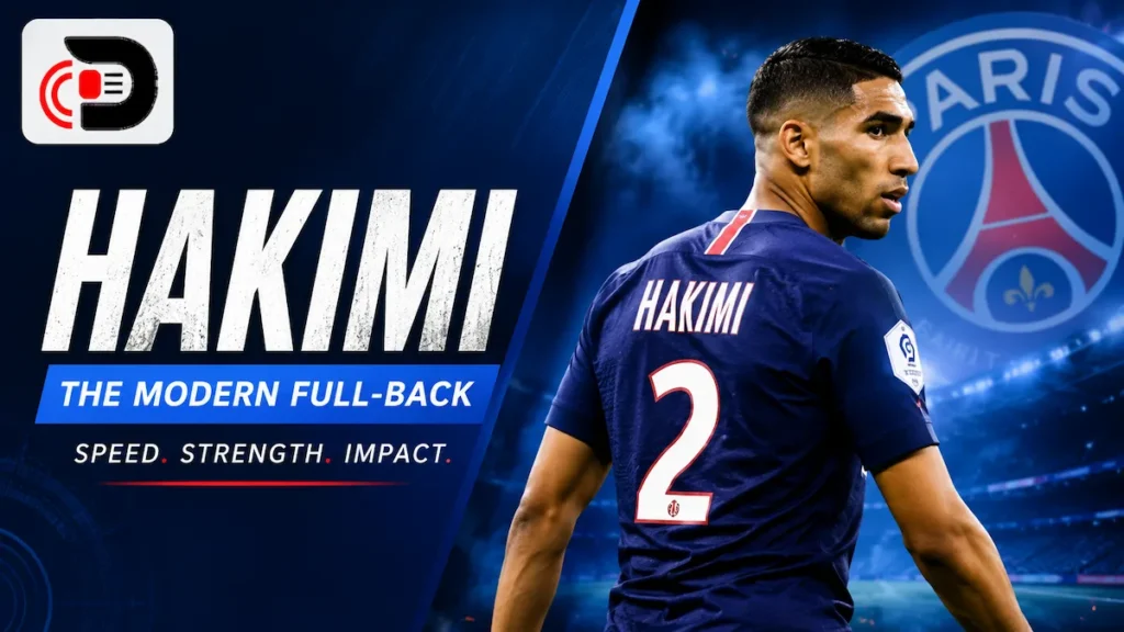 Achraf Hakimi in a PSG jersey standing in a stadium with a blue sports-themed background and Bee Zee News logo on the top left.