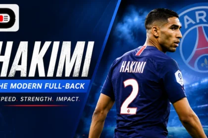 Achraf Hakimi in a PSG jersey standing in a stadium with a blue sports-themed background and Bee Zee News logo on the top left.