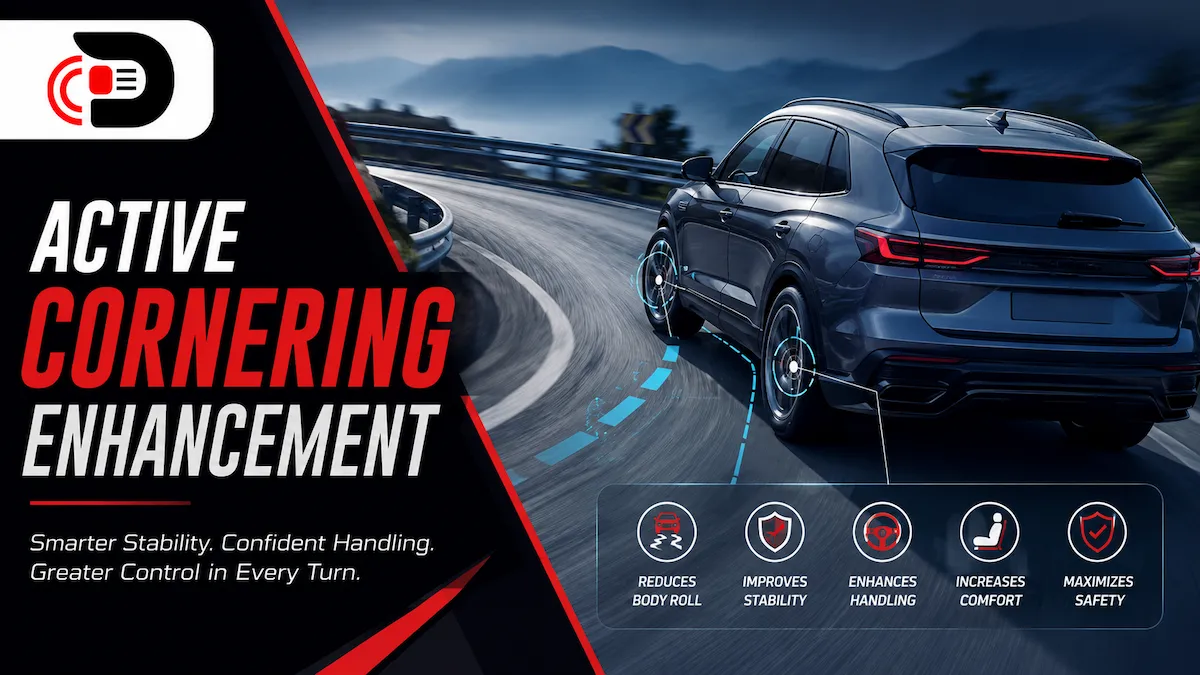 Active Cornering Enhancement system shown on a modern SUV taking a sharp corner, highlighting improved vehicle stability, reduced body roll, and enhanced handling performance.