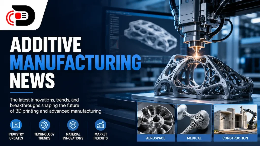 Advanced additive manufacturing machine producing a complex 3D-printed component with industry news highlights, technology trends, and manufacturing innovations.