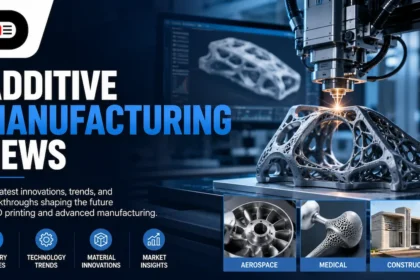 Advanced additive manufacturing machine producing a complex 3D-printed component with industry news highlights, technology trends, and manufacturing innovations.
