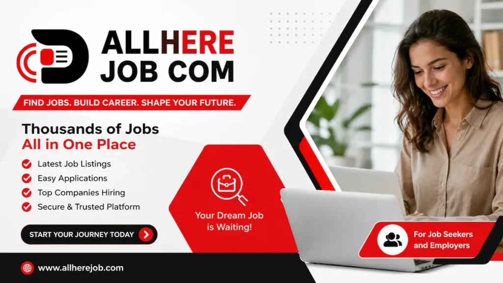 Professional featured image for AllHere Job Com showing job search, online career opportunities, hiring platform, and employment listings.