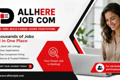 Professional featured image for AllHere Job Com showing job search, online career opportunities, hiring platform, and employment listings.