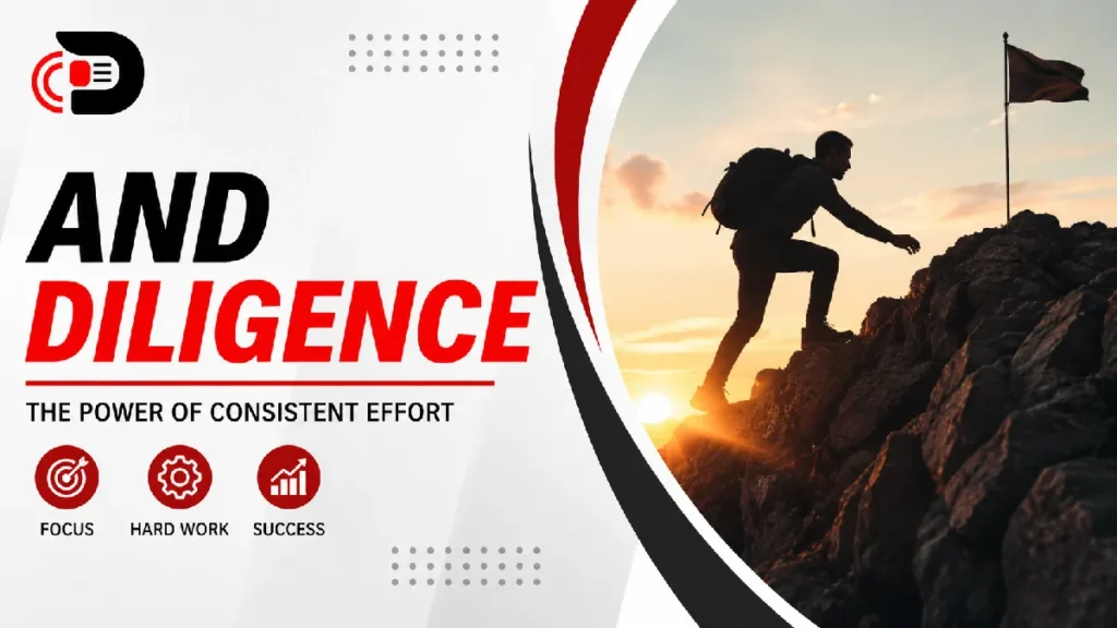 Professional featured image illustrating diligence, showing a determined person climbing a mountain at sunrise with a success flag, alongside the BeeZeeNews logo and the text "And Diligence – The Power of Consistent Effort."