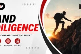 Professional featured image illustrating diligence, showing a determined person climbing a mountain at sunrise with a success flag, alongside the BeeZeeNews logo and the text "And Diligence – The Power of Consistent Effort."