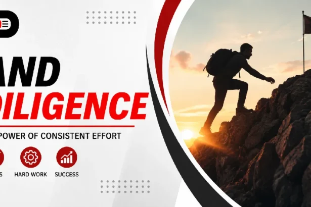 Professional featured image illustrating diligence, showing a determined person climbing a mountain at sunrise with a success flag, alongside the BeeZeeNews logo and the text "And Diligence – The Power of Consistent Effort."
