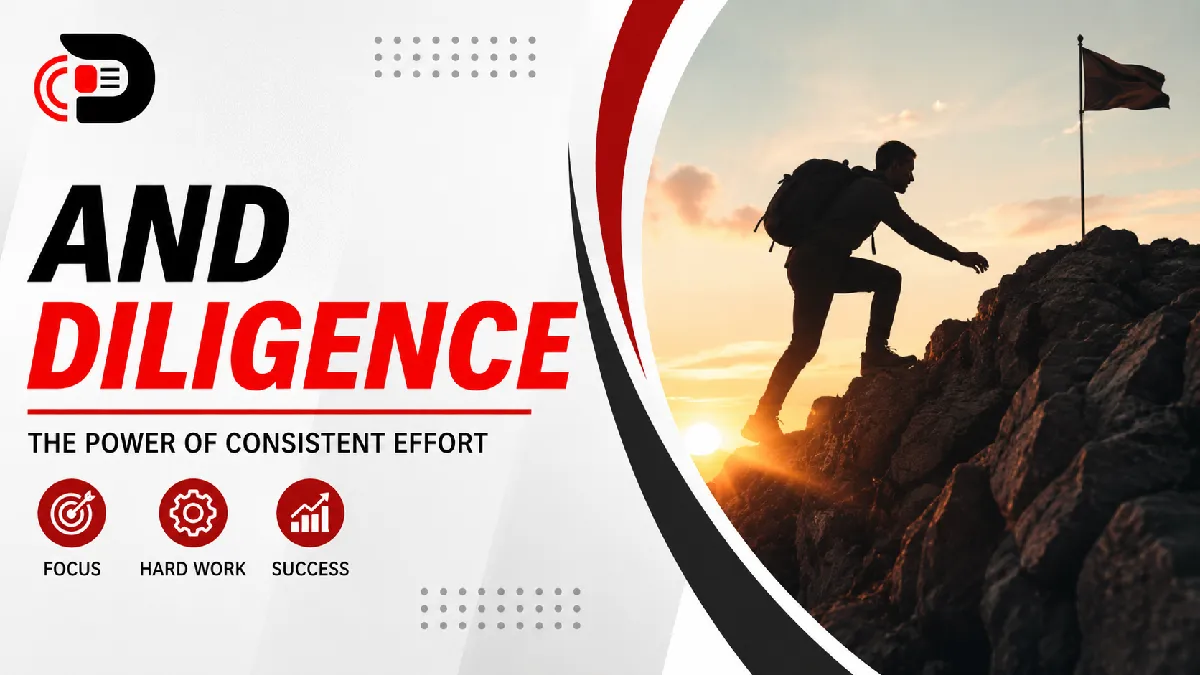 Professional featured image illustrating diligence, showing a determined person climbing a mountain at sunrise with a success flag, alongside the BeeZeeNews logo and the text "And Diligence – The Power of Consistent Effort."