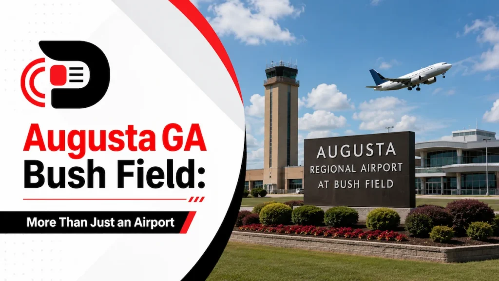 Augusta GA Bush Field airport featuring a commercial airplane, runway, and Augusta Regional Airport terminal in Georgia.