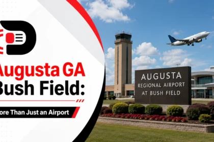 Augusta GA Bush Field airport featuring a commercial airplane, runway, and Augusta Regional Airport terminal in Georgia.