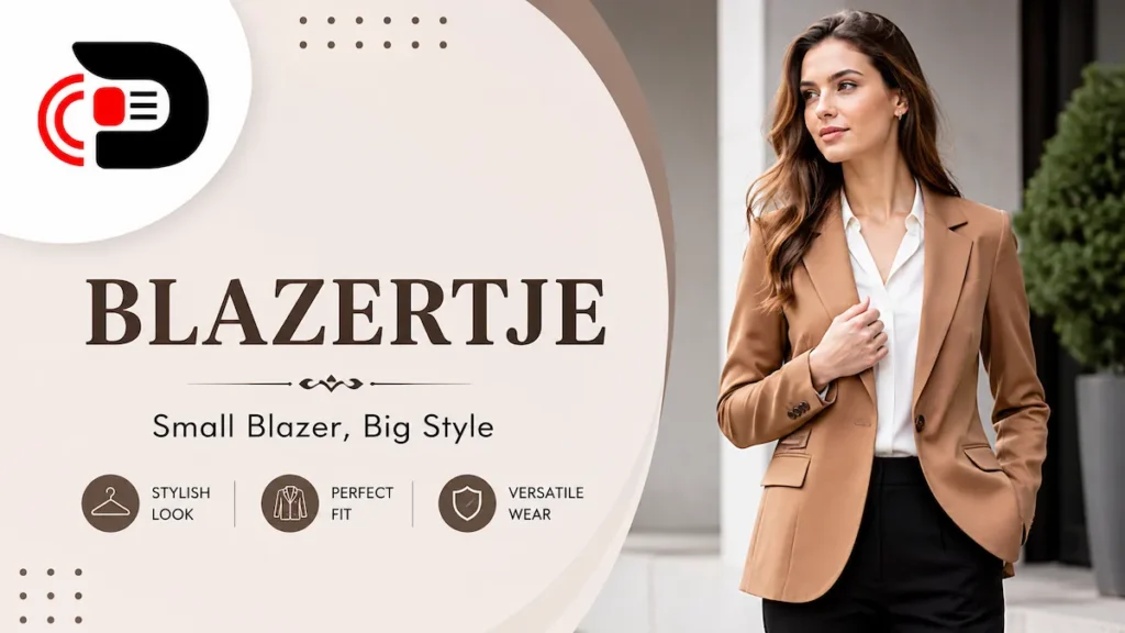 Stylish woman wearing a modern beige blazertje, showcasing elegant blazer fashion and versatile smart-casual styling with Bee Zee News branding.