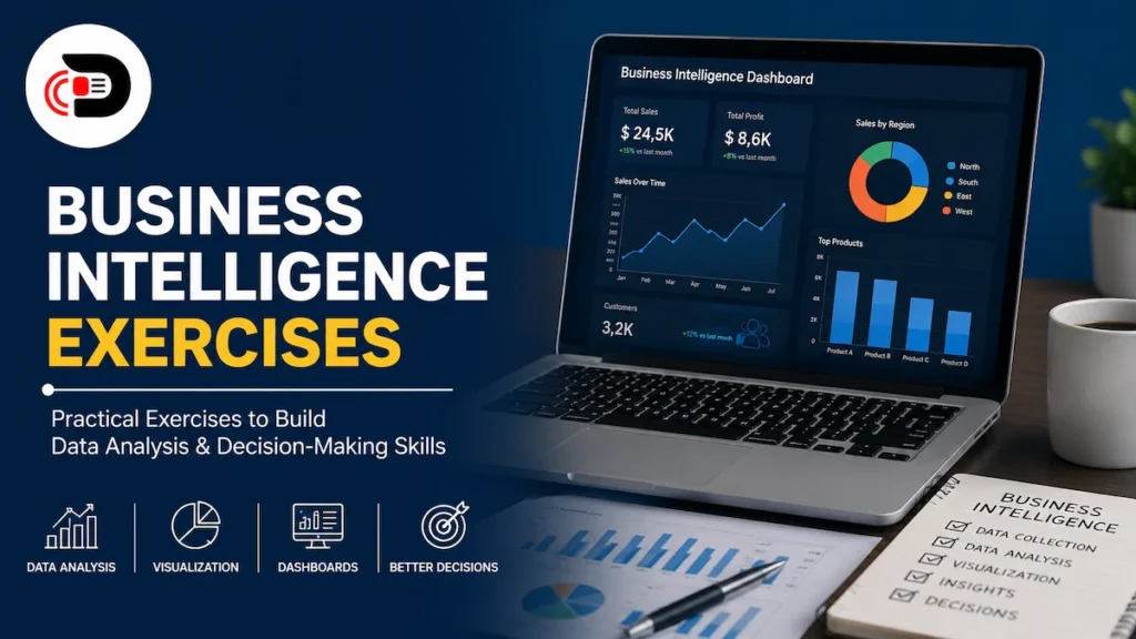 Business Intelligence Exercises dashboard on a laptop with data analytics charts, reporting metrics, and business performance insights.