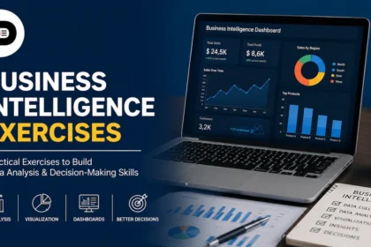 Business Intelligence Exercises dashboard on a laptop with data analytics charts, reporting metrics, and business performance insights.