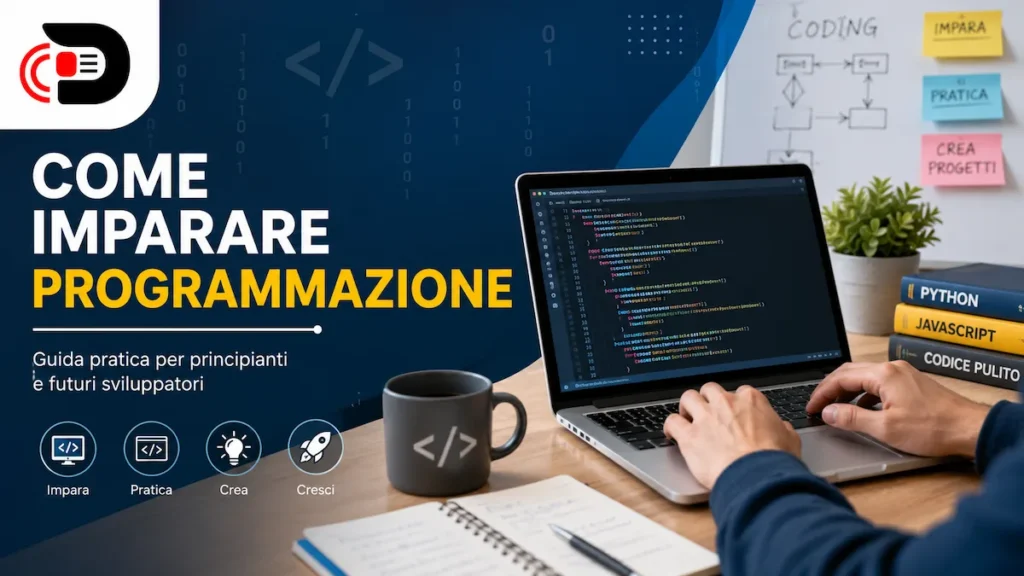 Come Imparare Programmazione featured image showing a programmer coding on a laptop with Python and JavaScript books, coding workspace, and Bee Zee News logo.