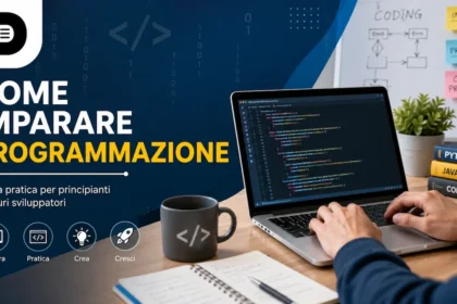 Come Imparare Programmazione featured image showing a programmer coding on a laptop with Python and JavaScript books, coding workspace, and Bee Zee News logo.