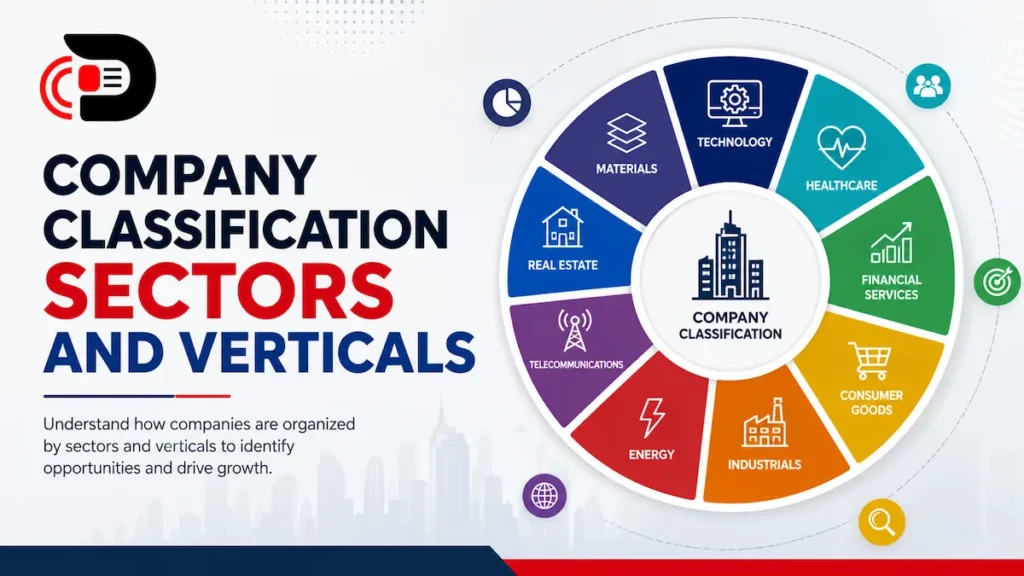 Company classification sectors and verticals infographic showing technology, healthcare, financial services, industrials, energy, telecommunications, real estate, and consumer goods sectors with business classification wheel.
