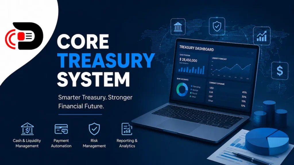 Core Treasury System dashboard displaying cash management, liquidity forecasting, risk management, payment automation, and financial analytics on a modern digital platform.