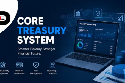 Core Treasury System dashboard displaying cash management, liquidity forecasting, risk management, payment automation, and financial analytics on a modern digital platform.