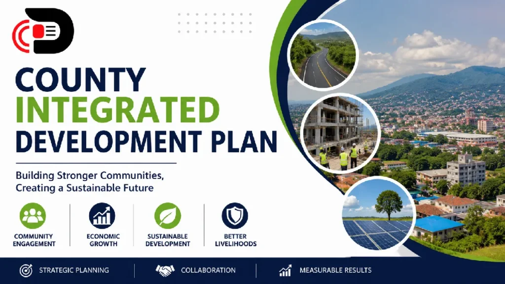 County Integrated Development Plan infographic showing infrastructure development, economic growth, sustainable development, community engagement, and strategic planning for county progress.