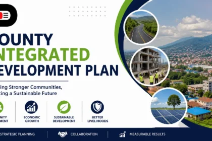 County Integrated Development Plan infographic showing infrastructure development, economic growth, sustainable development, community engagement, and strategic planning for county progress.