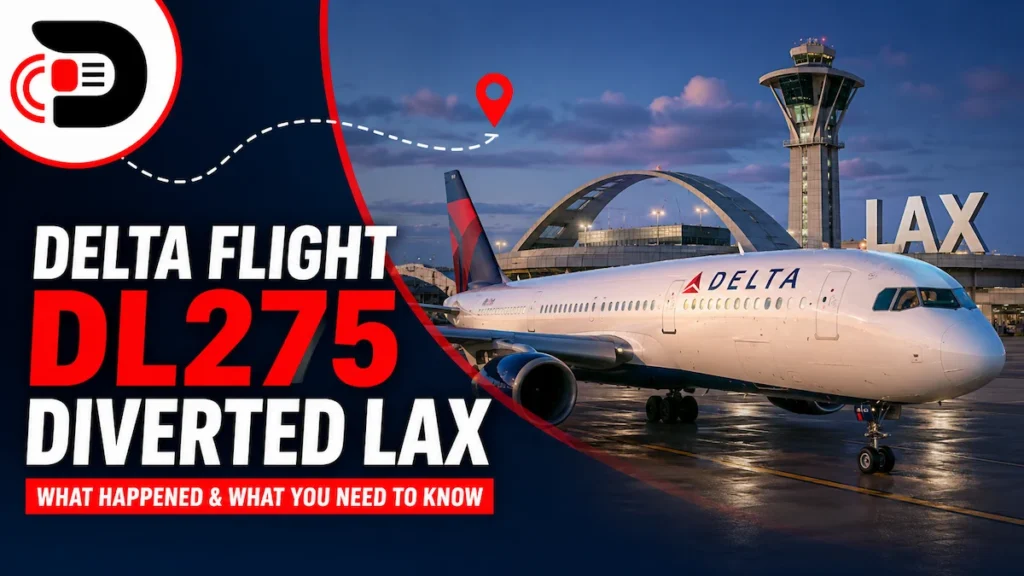Delta Flight DL275 aircraft diverted to Los Angeles International Airport (LAX) with airport terminal and control tower in the background.