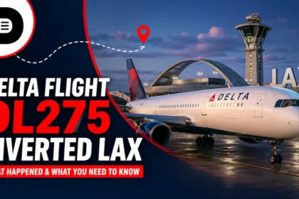 Delta Flight DL275 aircraft diverted to Los Angeles International Airport (LAX) with airport terminal and control tower in the background.