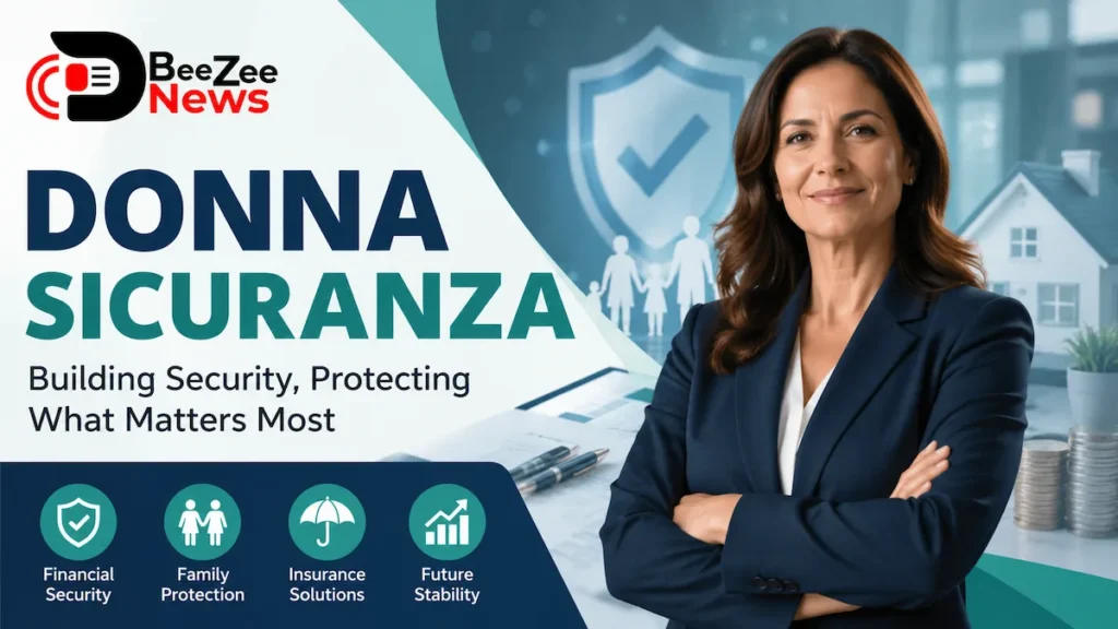 Donna Sicuranza financial security concept featuring a professional businesswoman with insurance, family protection, and future planning symbols.