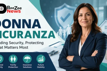 Donna Sicuranza financial security concept featuring a professional businesswoman with insurance, family protection, and future planning symbols.