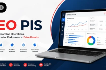 EO PIS dashboard displaying performance analytics, operational monitoring, business intelligence metrics, and real-time data visualization on a modern laptop screen.