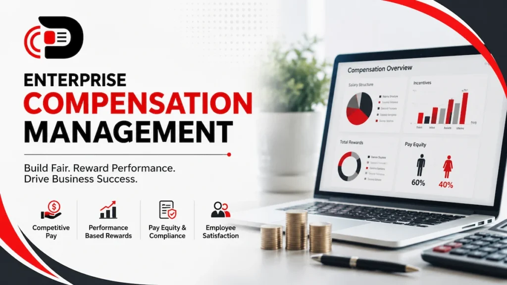 Enterprise compensation management dashboard showing salary planning, performance incentives, pay equity analytics, employee rewards, and corporate compensation strategy.