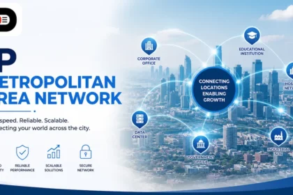 IP Metropolitan Area Network illustration showing a connected smart city with data centers, corporate offices, hospitals, educational institutions, and government buildings linked through a high-speed metropolitan network.