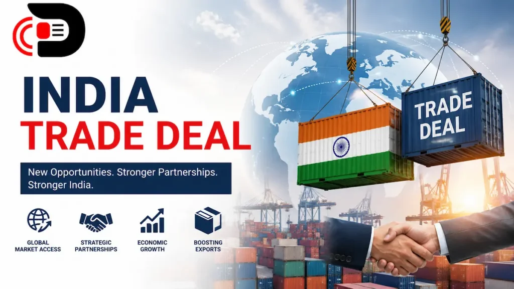 India Trade Deal featured image showing international trade containers, global business partnership handshake, Indian flag cargo container, and economic growth opportunities.