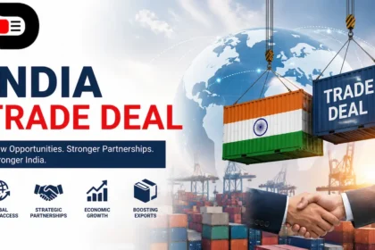 India Trade Deal featured image showing international trade containers, global business partnership handshake, Indian flag cargo container, and economic growth opportunities.