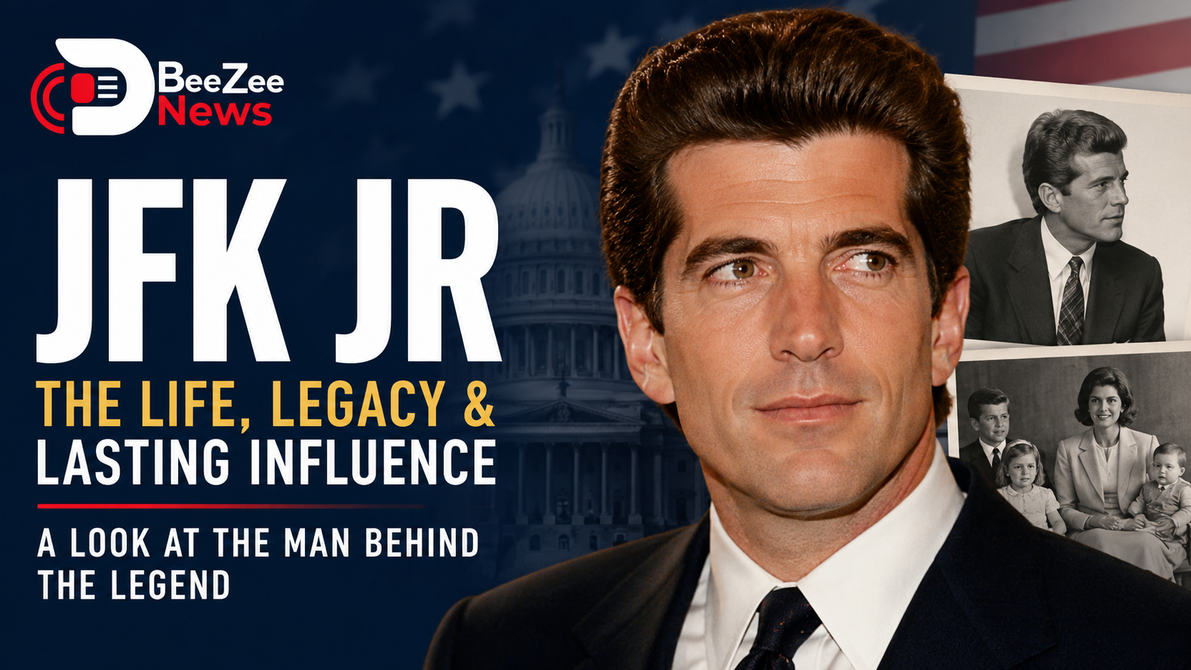Featured image of JFK Jr. highlighting his life, legacy, and lasting influence with the BeeZee News logo and a patriotic American-themed background.