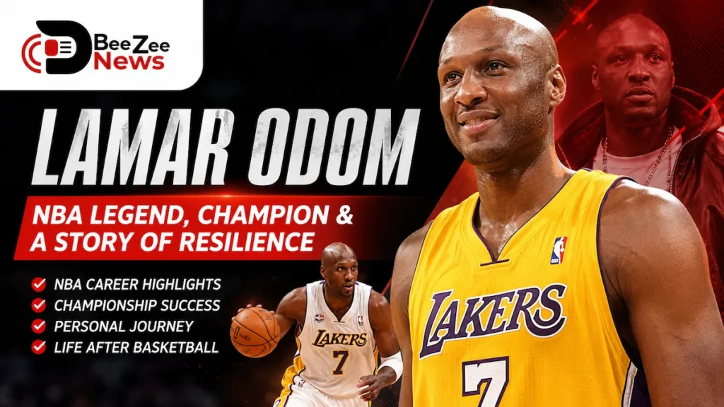 Lamar Odom featured in a Los Angeles Lakers jersey highlighting his NBA career, championship success, personal resilience, and life after basketball in a BeeZee News featured image.