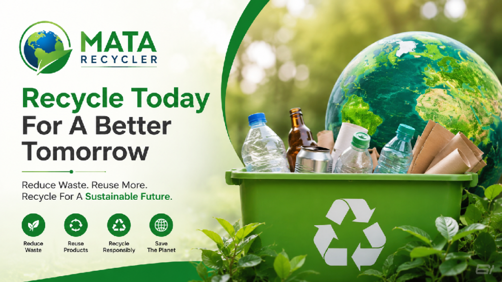 MataRecycler featured image showing eco-friendly recycling solutions with a recycling bin, plastic bottles, paper waste, Earth globe, and sustainability message promoting responsible waste management and environmental conservation.