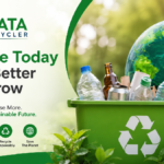 MataRecycler featured image showing eco-friendly recycling solutions with a recycling bin, plastic bottles, paper waste, Earth globe, and sustainability message promoting responsible waste management and environmental conservation.