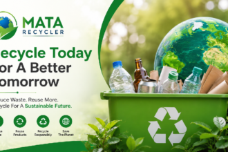 MataRecycler featured image showing eco-friendly recycling solutions with a recycling bin, plastic bottles, paper waste, Earth globe, and sustainability message promoting responsible waste management and environmental conservation.