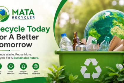 MataRecycler featured image showing eco-friendly recycling solutions with a recycling bin, plastic bottles, paper waste, Earth globe, and sustainability message promoting responsible waste management and environmental conservation.
