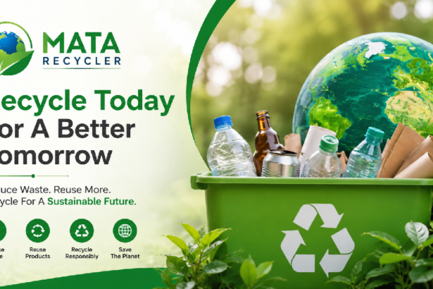 MataRecycler featured image showing eco-friendly recycling solutions with a recycling bin, plastic bottles, paper waste, Earth globe, and sustainability message promoting responsible waste management and environmental conservation.