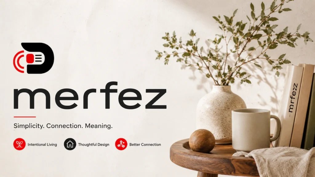 Merfez concept illustration featuring minimalist interior design, natural décor, intentional living elements, and modern branding with the BeeZeeNews logo.