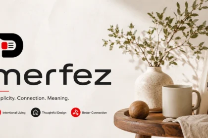 Merfez concept illustration featuring minimalist interior design, natural décor, intentional living elements, and modern branding with the BeeZeeNews logo.