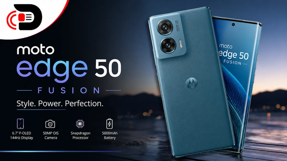Moto Edge 50 Fusion smartphone featured image showing the premium design, curved OLED display, dual rear cameras, Snapdragon processor, and Bee Zee News logo on the top left.