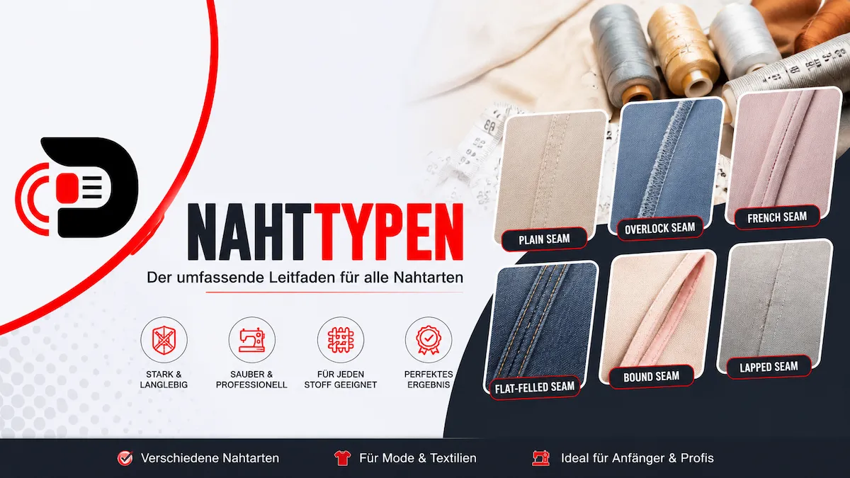 Illustration of various nahttypen (seam types) including plain seam, overlock seam, French seam, flat-felled seam, bound seam, and lapped seam with sewing tools and textile materials.