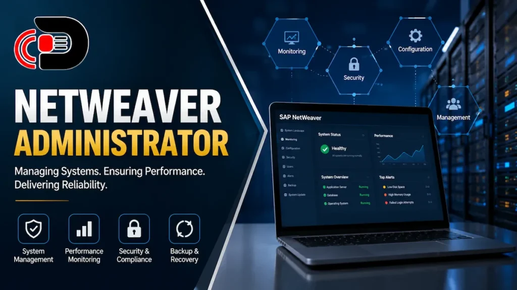 Professional featured image illustrating a NetWeaver Administrator managing SAP NetWeaver systems with server infrastructure, performance monitoring, security, and configuration dashboard.