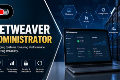 Professional featured image illustrating a NetWeaver Administrator managing SAP NetWeaver systems with server infrastructure, performance monitoring, security, and configuration dashboard.