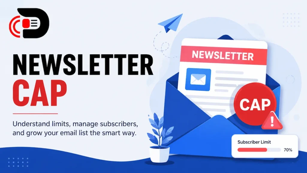 Modern featured image illustrating the newsletter cap concept with an email newsletter, subscriber limit indicator, and BeeZeeNews logo.