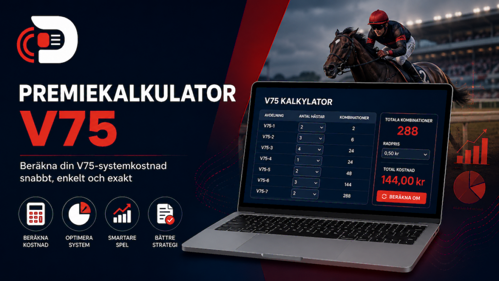 Premiekalkulator V75 calculator dashboard showing horse racing betting system calculations, combinations, and cost estimation with racing background.