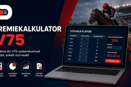 Premiekalkulator V75 calculator dashboard showing horse racing betting system calculations, combinations, and cost estimation with racing background.